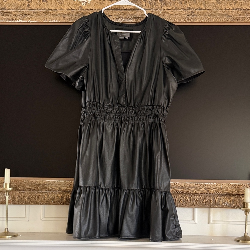Anthropologie Black Faux Leather Smocked-Waist Mini Dress
